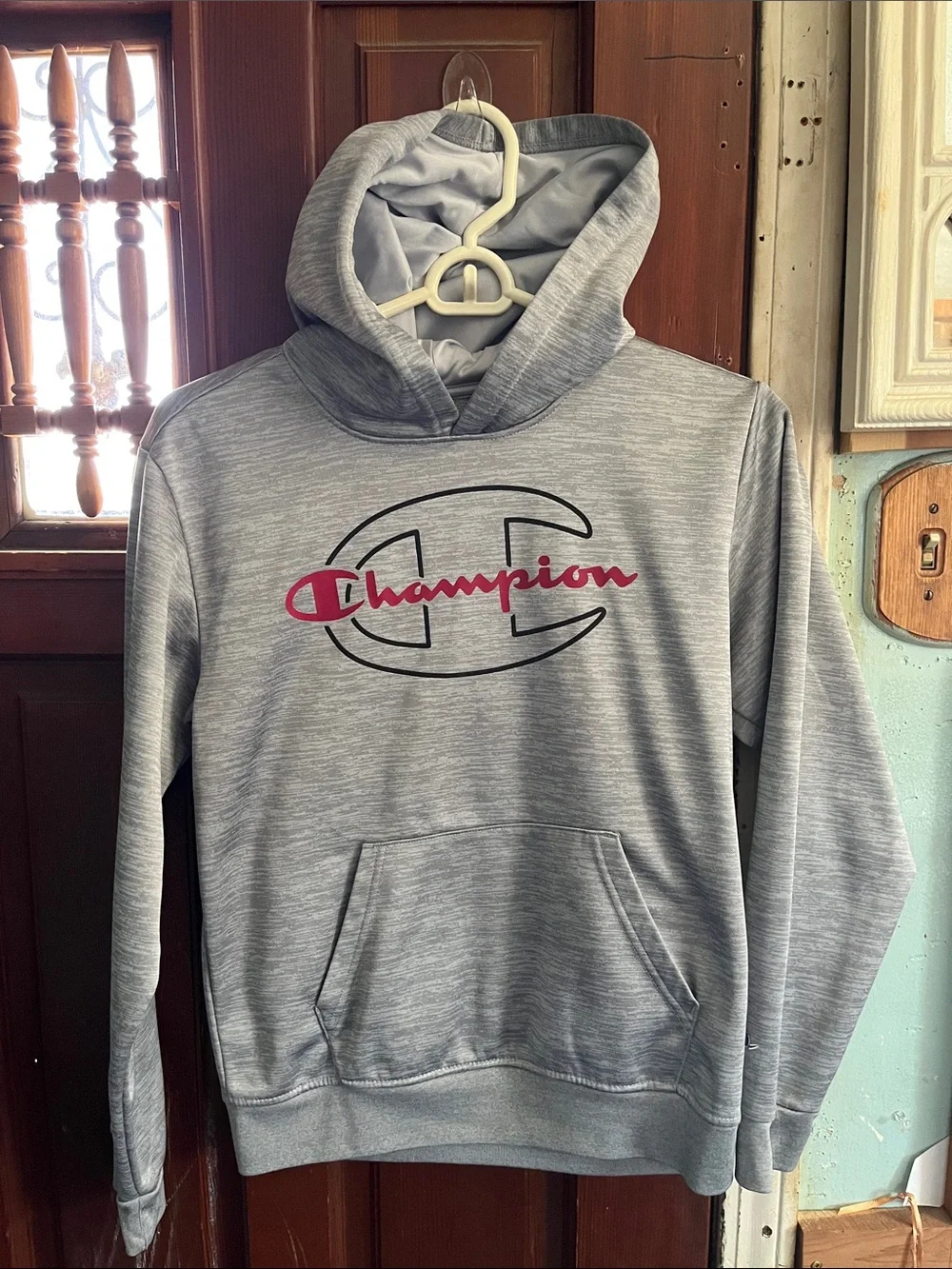 Champion Gray Hoodie with Pink Logo